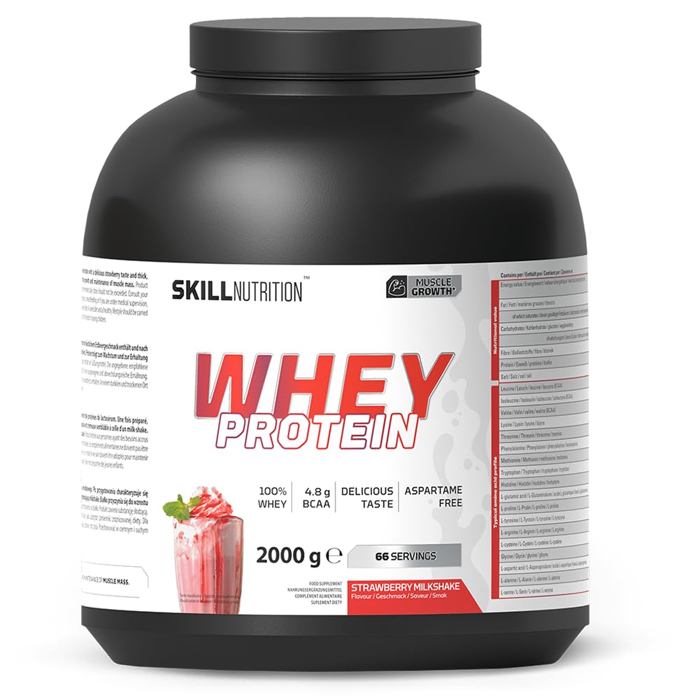 SKILL Nutrition Whey Protein | Protéine de Lactosérum | 23g Protéines par Portion | Haute Solubilité | Soutien Croissance Musculaire & Récupération | 2000g | Saveur Milkshake Fraise