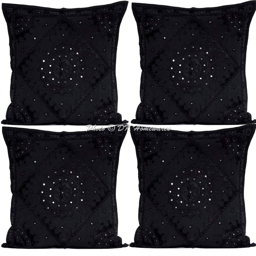 Fundas de Cojín 60x60 cm Algodón Bordado Espejo A Mano Estilo Bohemio Negro Fundas de Almohada Decorativa Decoración de Sala de Estar - Pack de 4