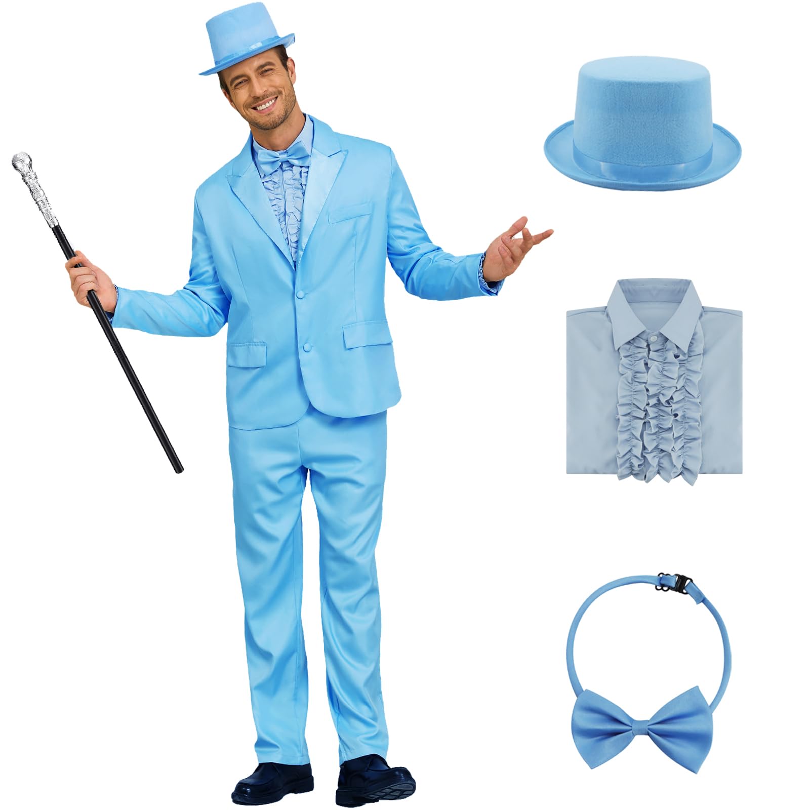 Poybraxh Harry and Lloyd Tuxedos Mens Fun Suit Dumber Orange Suit Dumb Blue Blazer Top Hat Bow Tie Halloween Cosplay Costume