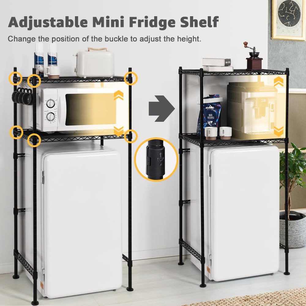 Podoy 2 Tier Mini Fridge Shelf, Adjustable Over Mini Fridge Storage And Microwave Stand Multi Purpose Mini Fridge Organizer Shelf For Dorms Kitchens And Officesblack With Wheels