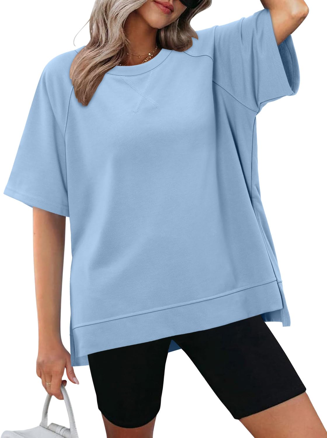 KISSMODA Oversized T Shirts for Women Crew Neck Short Sleeve Casual Summer Tops Loose High Low Blouse