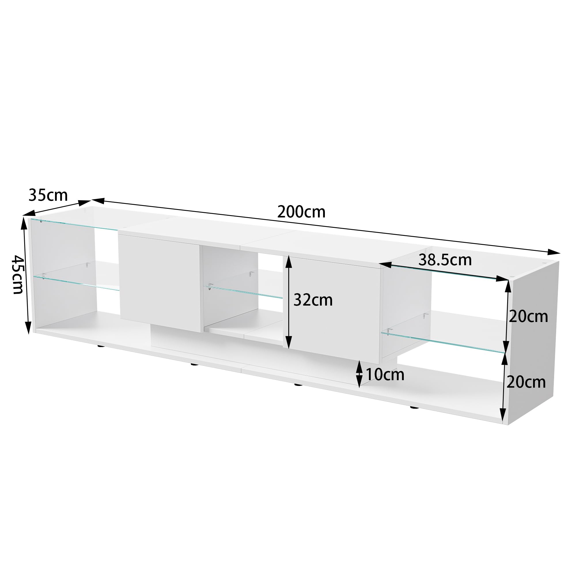 Mueble TV LED Blanco 200 cm, Mueble de TV Moderno con Luz LED.Mesa Televisión Salón con 2 cajones y Estante de Cristal, Armario Bajo para salón o Dormitorio, 200 x 35 x 45 cm (Blanco, B)