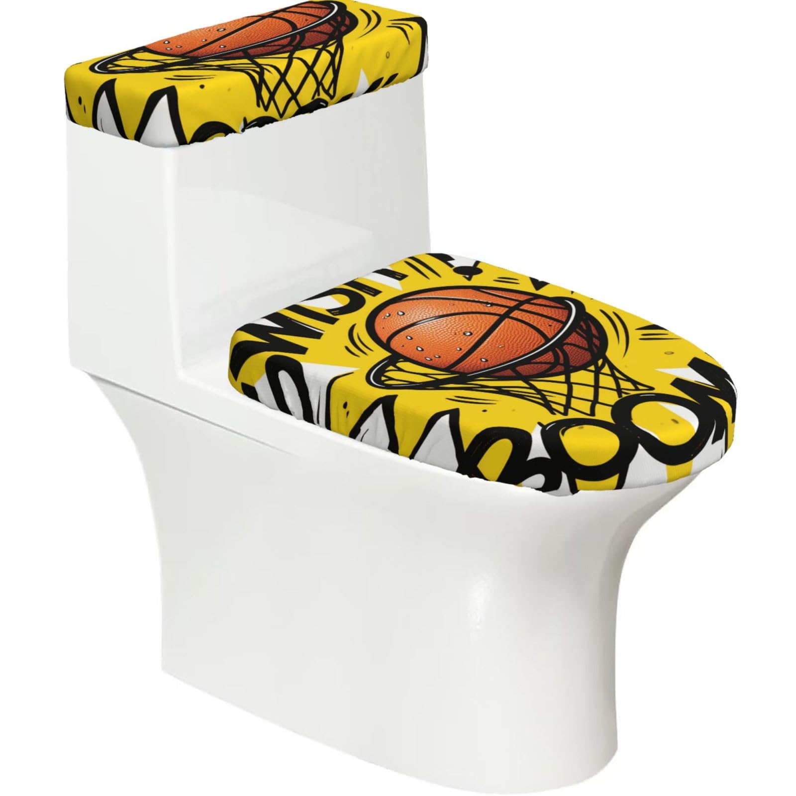 FekiLoot Basketball Toilet Lid Cover and Toilet Tank Cover Set of 2,Dust Splash Resistant Toilet Top Covers Soft Washable Toilet Lid Seat Cover for Bathroom Office Home Decor