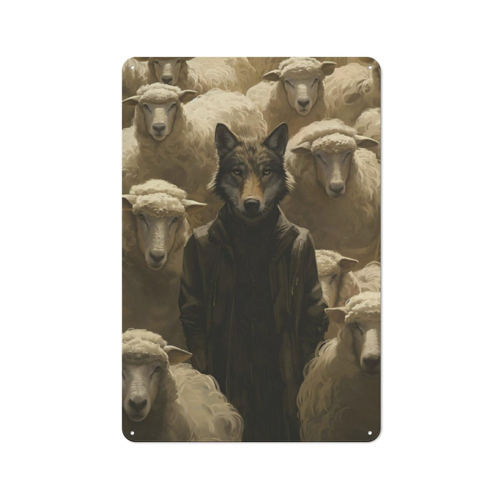 Junmoney Dressed Wolf Sheep Leader Modern Retro Metal Wall Decor 30X20cm, Metal Wall Sign For Loft, Studio, Office Or Creative Room