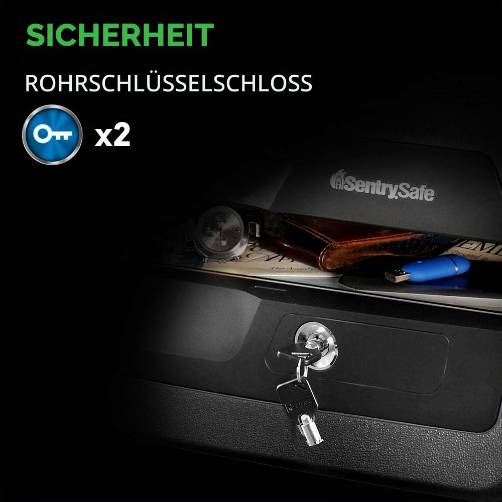 Sentry Safe CHW30220 Feuerfeste und wasserdichte Tresorbox mit Schlüsselschloss, Feuer- und Wassertruhe Safe für Wertsachen, Grau & Schwarz, 0,36 Kubikfuß, 7,6 x 16,5 x 14,8 Zoll