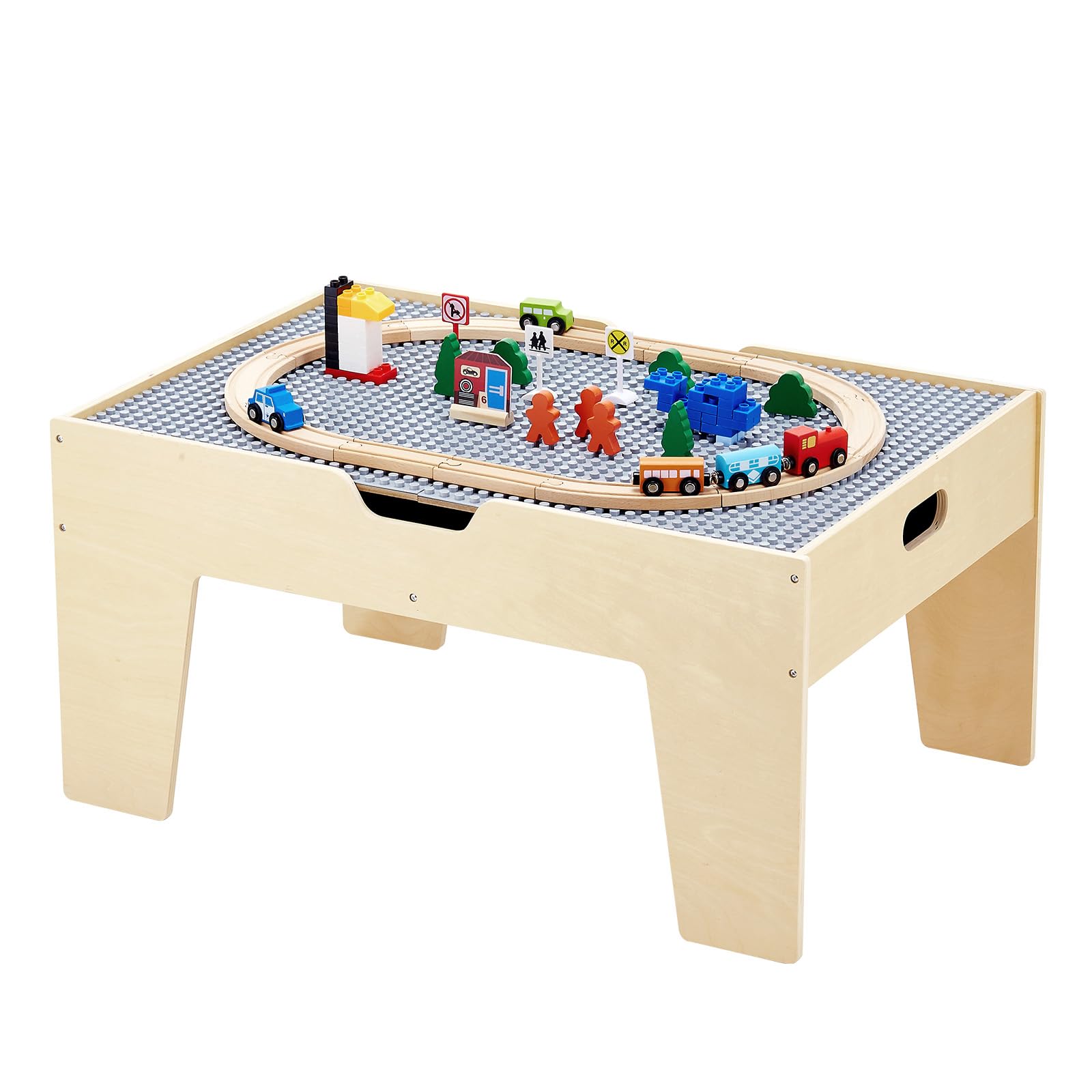 VEVOR Tavolo Ferroviario con Treni Binari Giocattolo, 290 Mattoncini da Costruzione e Set di Treni in Legno da 30 Pezzi, Tavolo da Gioco Multiuso in Legno, con Area di Stoccaggio per Bambini