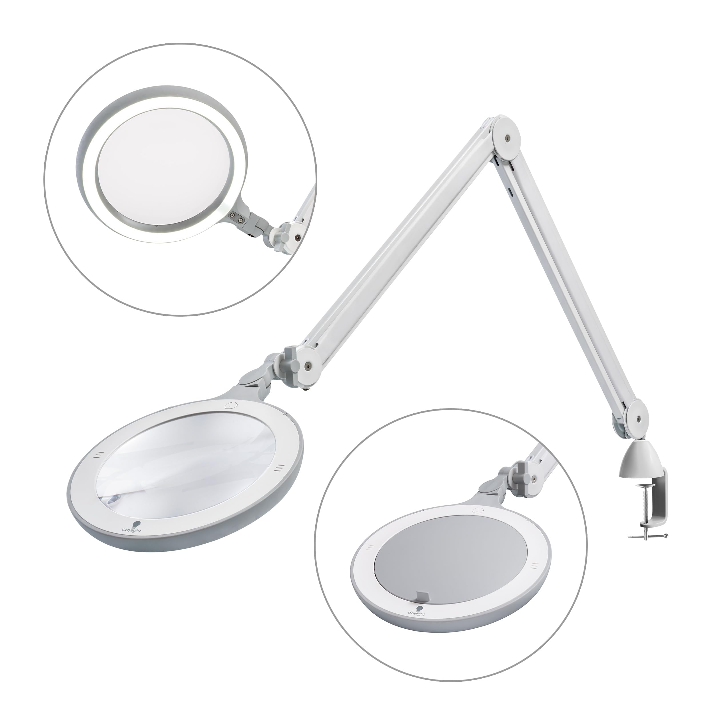 Lampa powiększająca Daylight Omega 7 LED, regulowane ramię, profesjonalne światło do precyzyjnych zadań, 17,8 cm akrylowe soczewki, powiększenie 3 dioptrii (1,75x), 6300 luksów na 15 cm, 4 poziomy