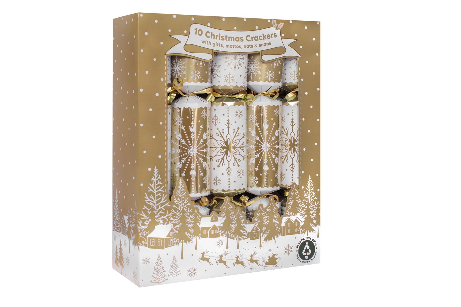 RSW 10 Family Gold Snowflake 12" Crackers – Elegant White & Gold Christmas Crackers with Hats, Mottos & Festive Gifts – Perfect for Christmas Dinner