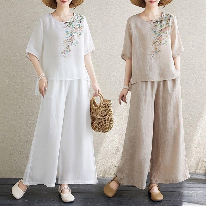 Women Printed Cotton Linen Two Piece Set Pullover Top Pants Casual Outfit