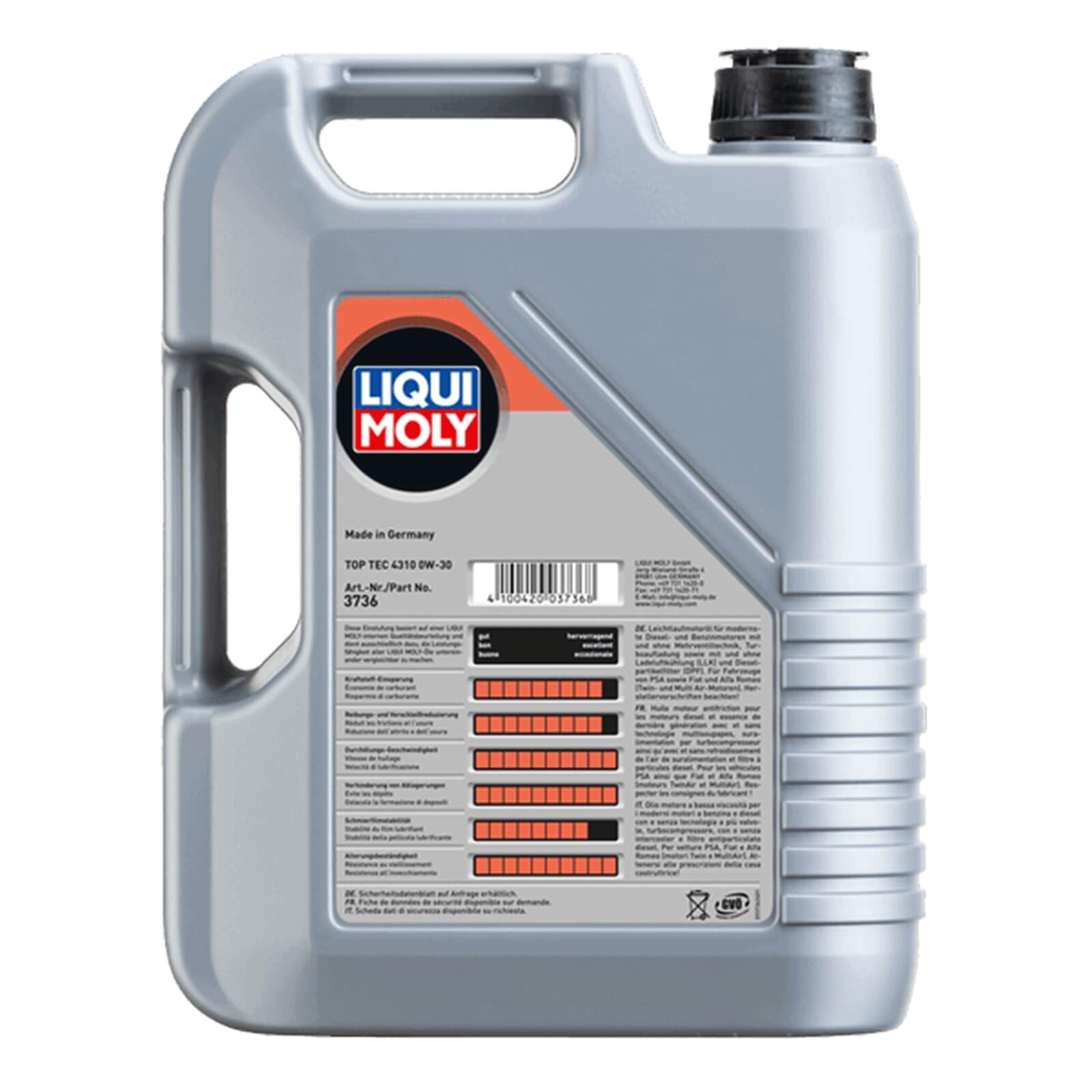 LIQUI MOLY Aceite de motor 0W-30 Top Tec ACEA C2 4310 5L Compatible con PEUGEOT 208 I Hatchback CA, CC 2008 I A94, CU 107 Hatchback PM, PN, KIA RIO III UB, CITROËN C1 PM, PN | 3736 / 2362, Top Tec 4310 0W-30