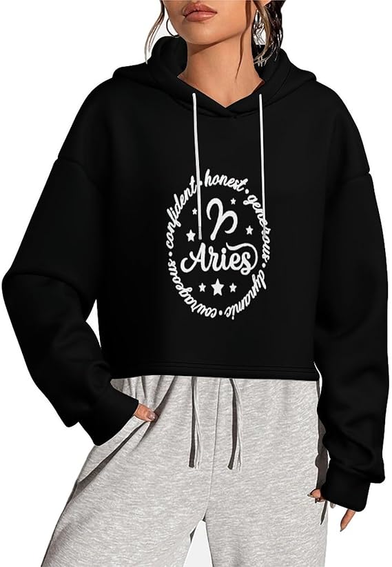Women's Cropped Long Sleeve Hoodie Pullover Party Aries Sign Sweatshirt