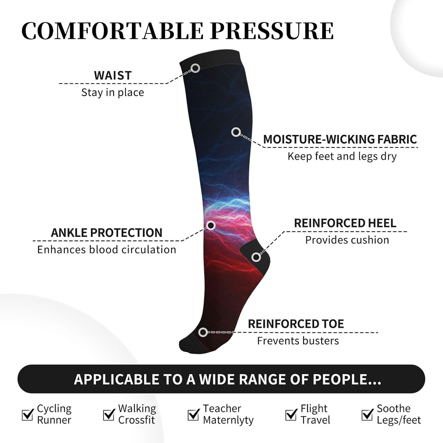 Red And Blue Electrical Lightnings Tight Fitting Women'S Men'S Knee High Running Socks