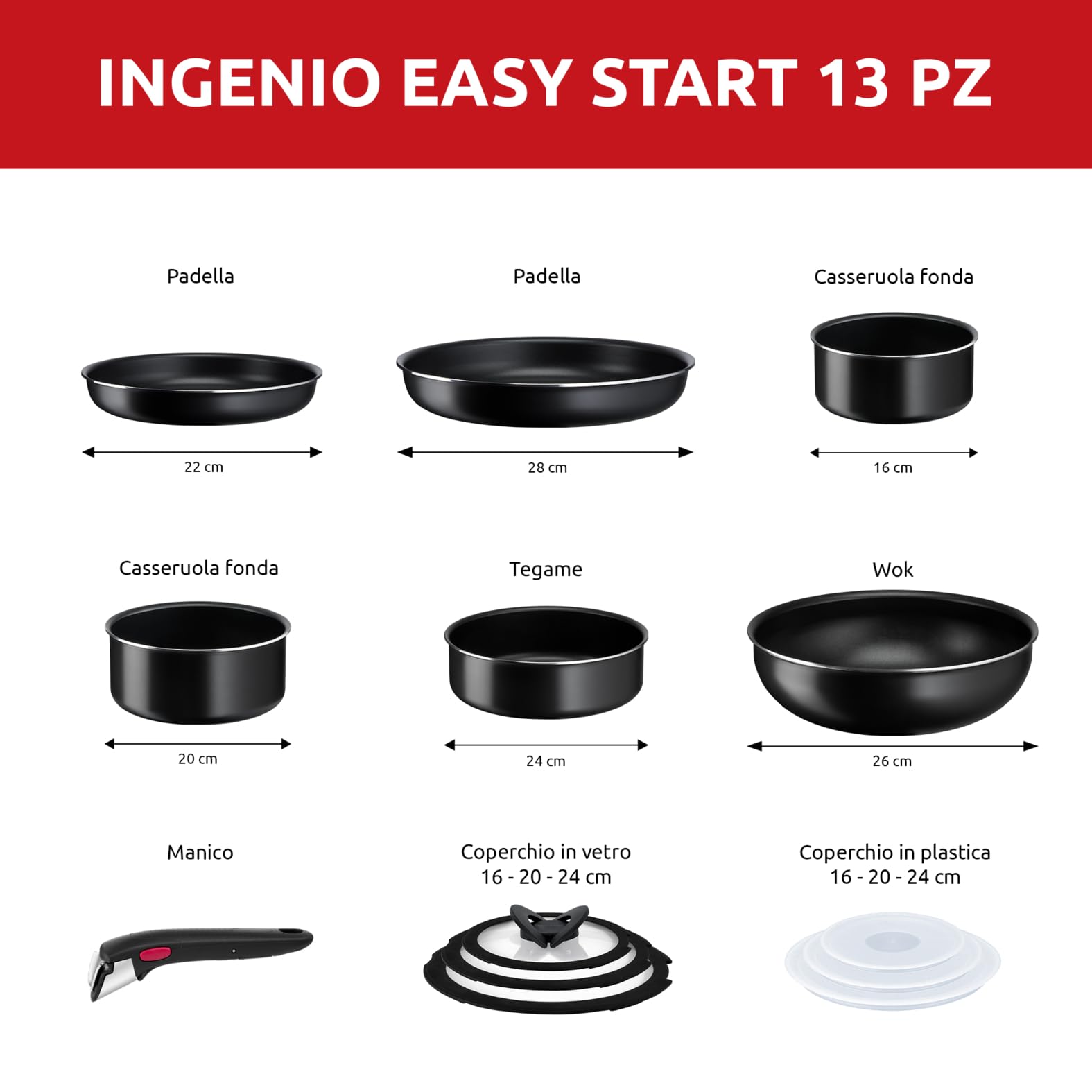 Lagostina Ingenio Easy Start Set 13 Pezzi, Set di Pentole in Alluminio per Gas e Forno, 2 Casseruole, 2 Padelle, un Tegame, un Wok, 3 Coperchi Vetro, 3 Coperchi Plastica, un Manico Removibile