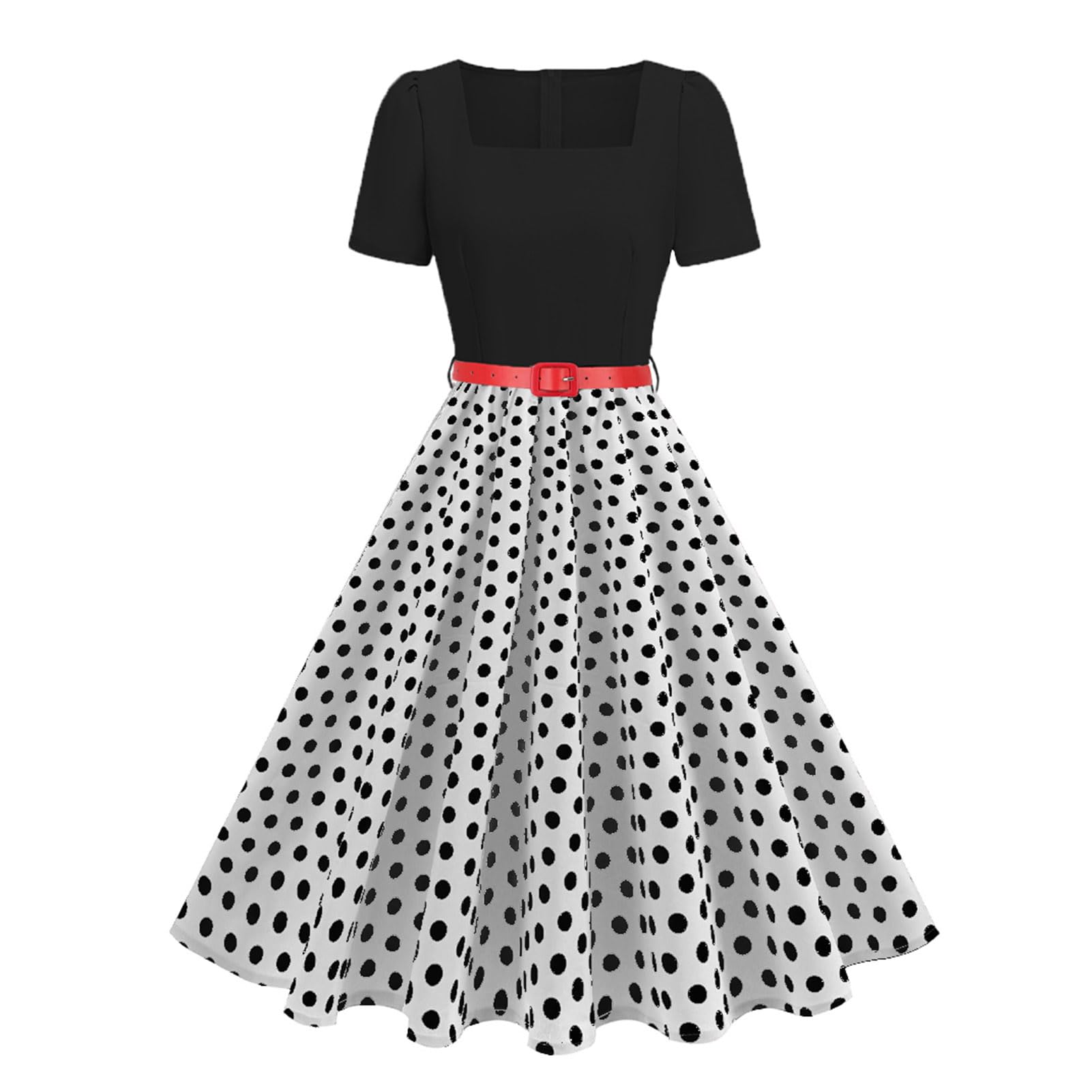 Robe rockabilly vintage à pois avec ceinture | Jupon à manches courtes pour cocktail, mariage, fête, bal, travail, bureau