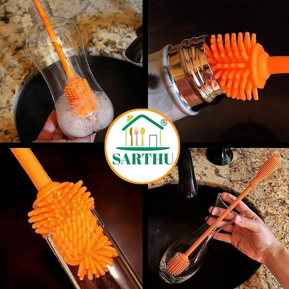 SARTHU 2pcs Silicone Bottle Cleaning Brush Set (12.5") & 2pcs 3-in-1 Multifunctional Cleaning Brushes | Ideal for Baby Bottles, Hydro Flask, Sports Bottles, Glassware & Crevice Cleaning Tools 2