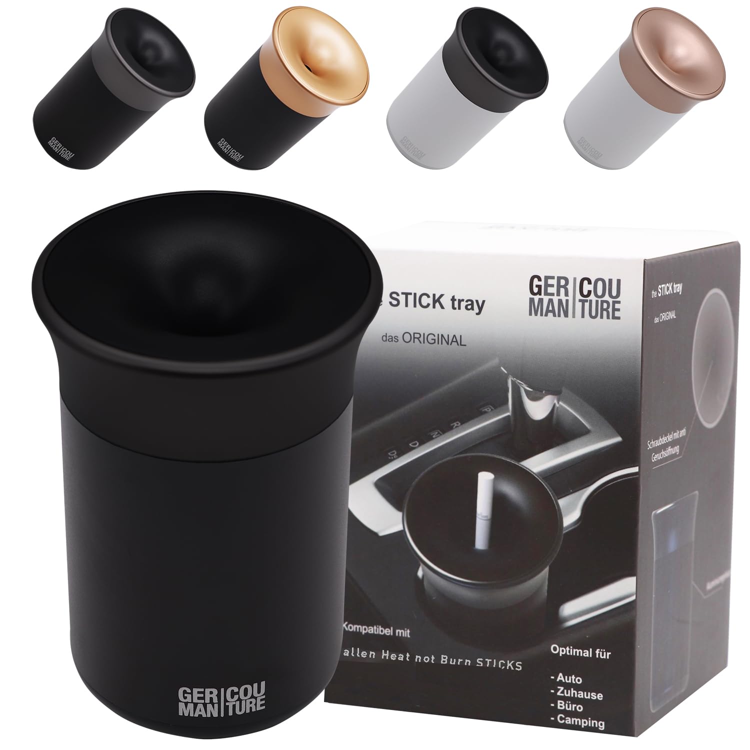 GC German Couture Embroidery Cup Car Ashtray Compatible with IQOS Iluma Prime Terea Sticks and Heets Sticks + Glo Hyper Pro Air Neo Sticks Accessories, Black/Black