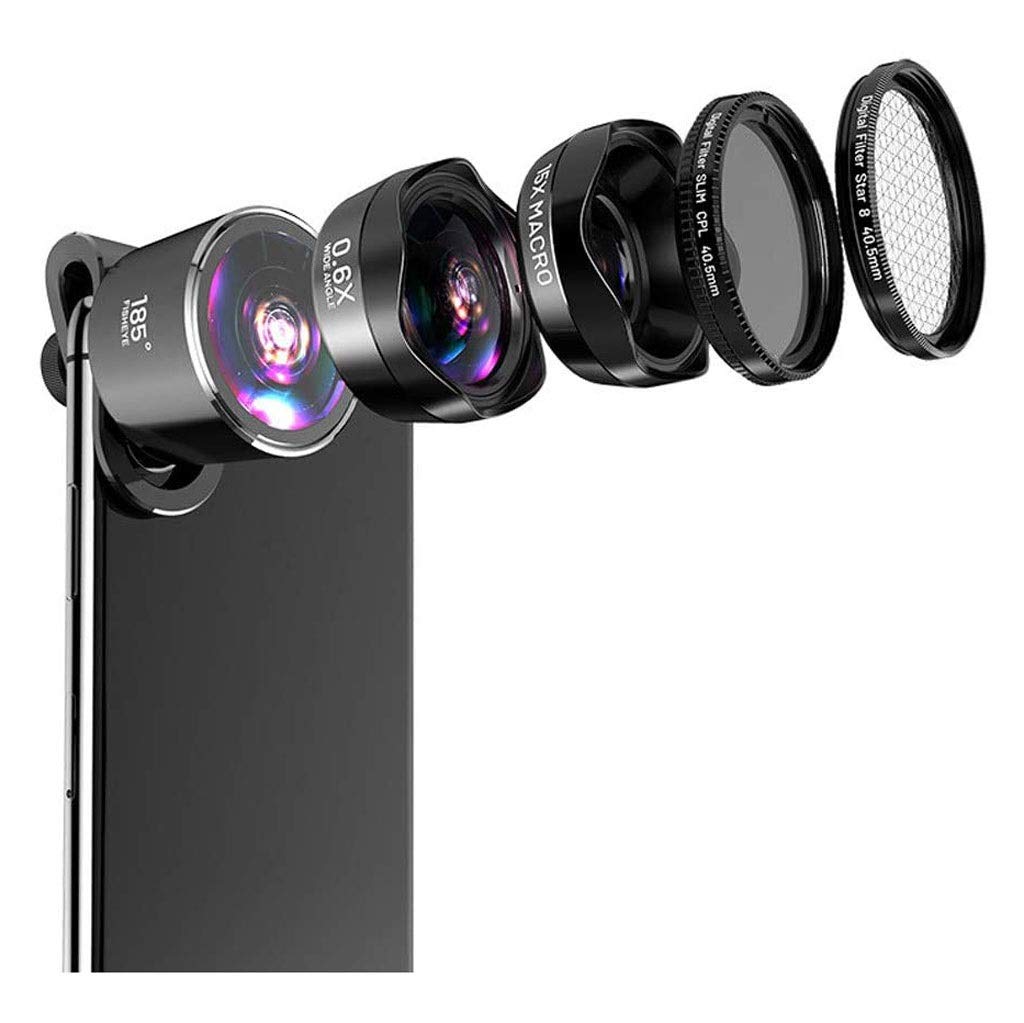 Kit per lenti per fotocamera telefonica, obiettivo 5 in 1, largo angolo 0.6x + 15x macro + fisheye + polarizzatore + specchio stella, clip sui kit per lenti del telefono cellulare compatibili