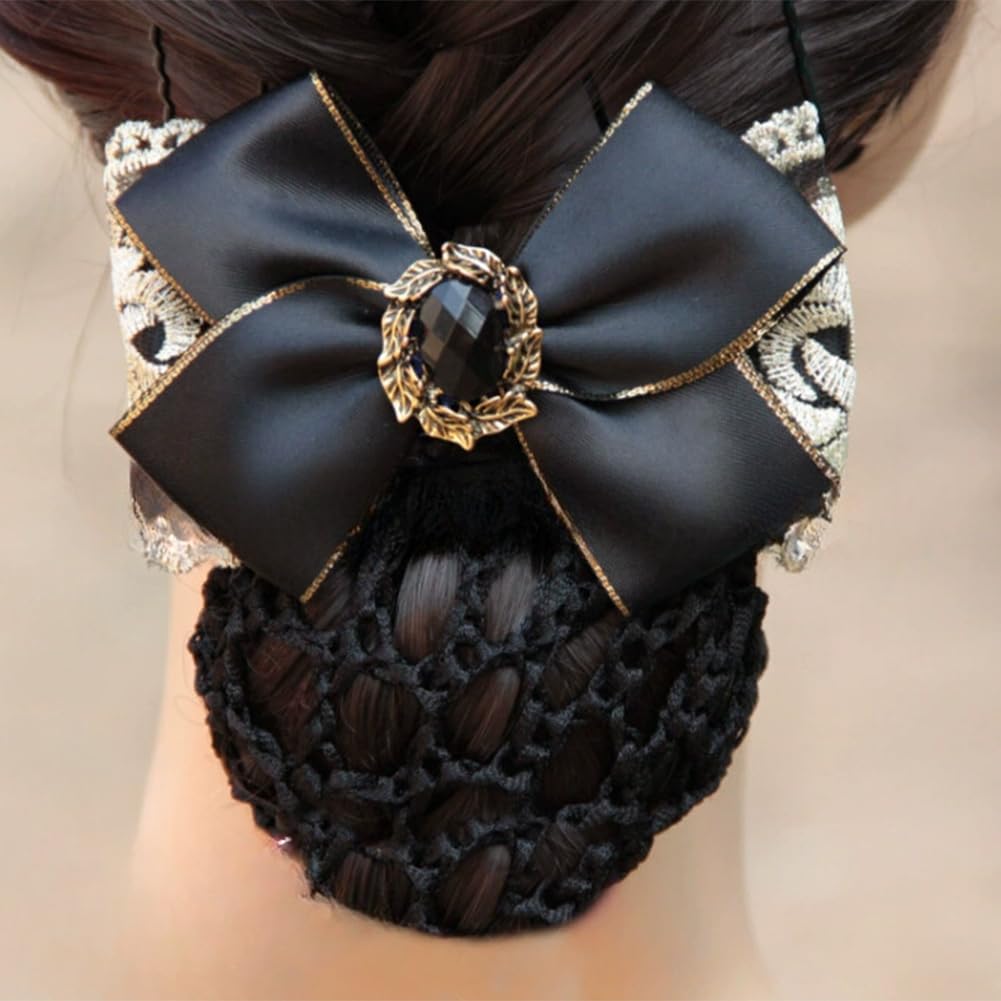 Women Gold Trim Ribbon Bowknot Snood Net with Black Rhinestone Elastic Hair Clip Bow Barrette Bun Cover Hairnet Decor Hair Accessories for Nurse Bank Clerk Air Hostess - Image 4