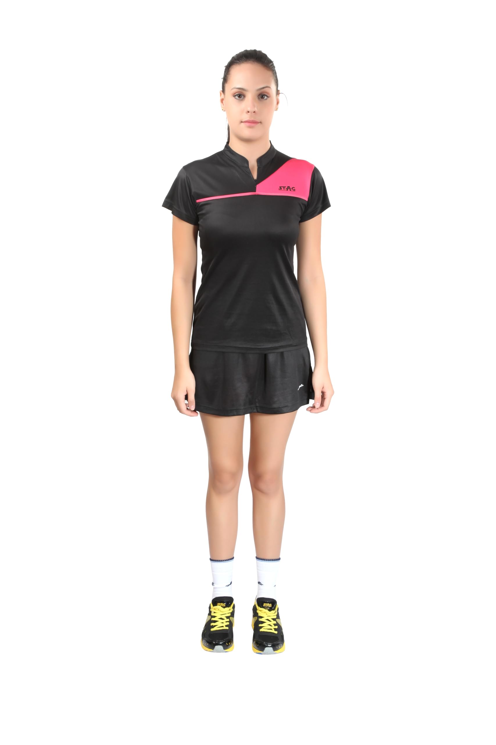 stag iconic Women’s Sports Top | Half Sleeve Zipper Neck T-Shirt | Moisture Wicking Polyester | Black-picture-53