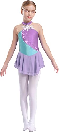 FEESHOW Vestido de baile de patinaje sobre hielo con lentejuelas brillantes sin mangas para niños y niñas Lavanda,Negro&blanco,Azul y Blanco,gris,