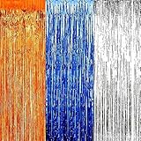 IGUO 3pcs Blue Orange Silver Tinsel Foil Fringe Curtains Decorations,3.2ft x 8.3ft Curtain School Party Idea Photo Booth Prop Streamer Backdrop for Graduation Baby Shower Wedding Party