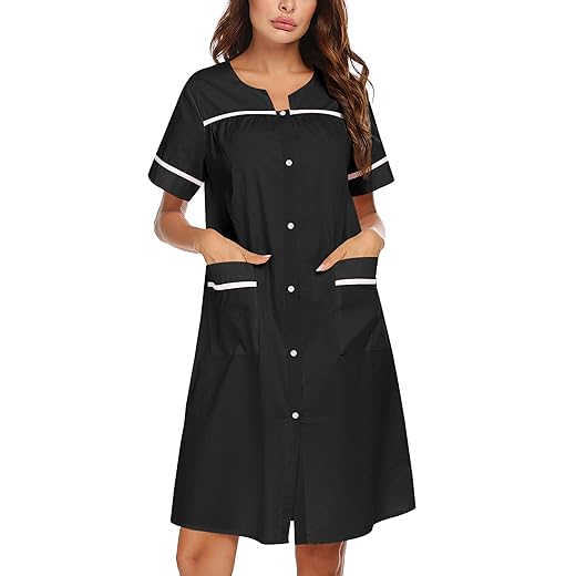 Ekouaer Womens Nightgown Nightshirt Duster Housecoat Short Sleeve Lounger House Dress with Front Snap Black Medium