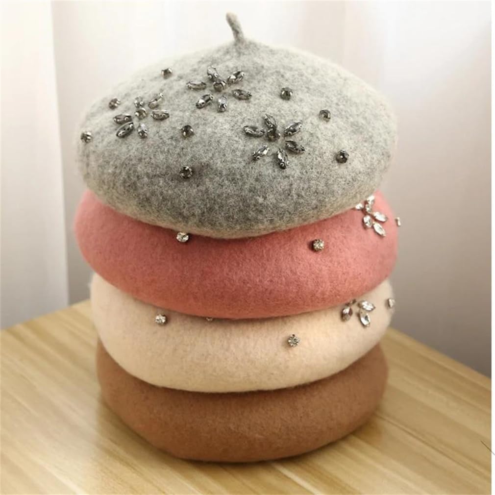 Woman Wool Berets Female DIY Rhinestone Wool Beanie Caps Winter Solid Color Women Beret Hats