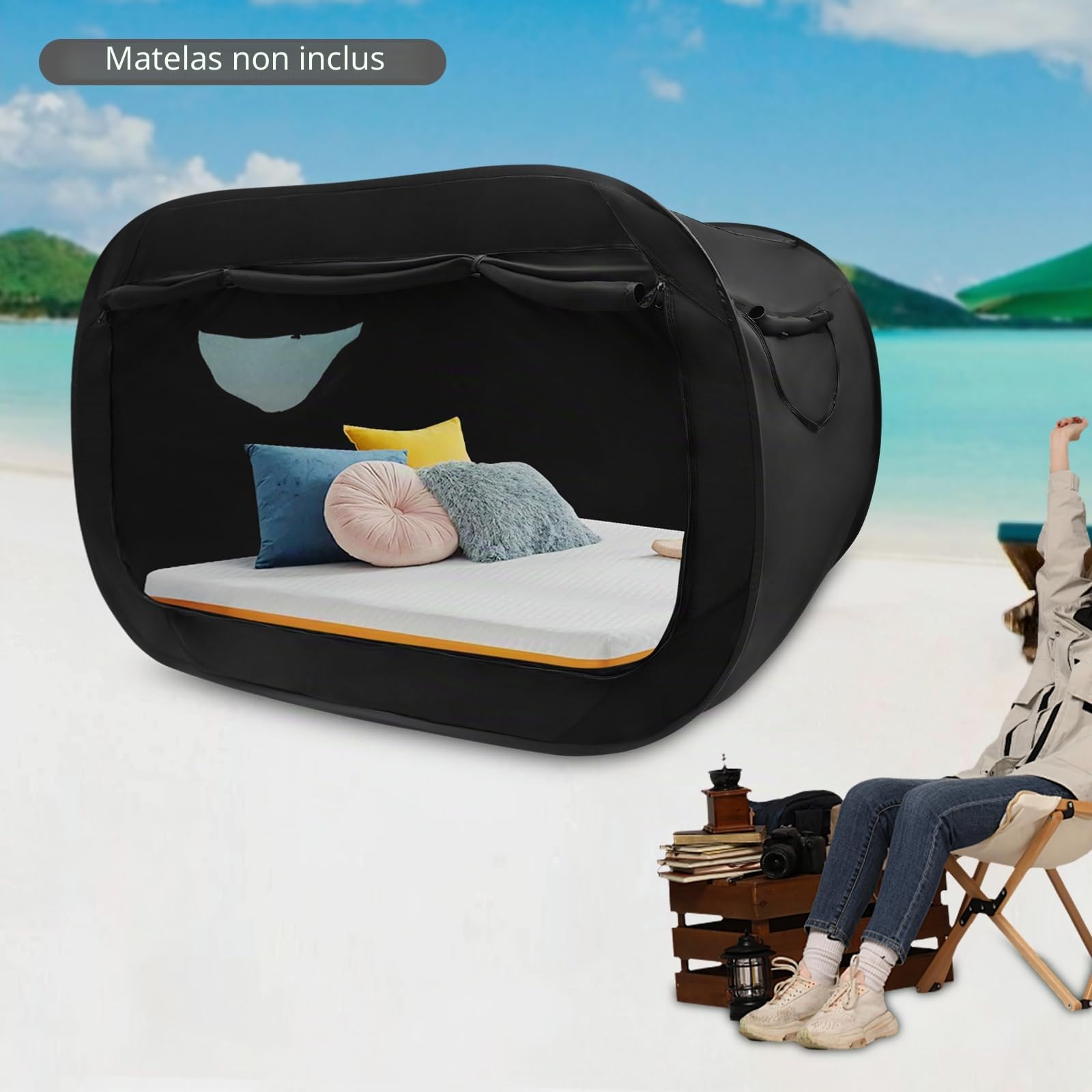 Tente de lit pop-up pliable et respirante - Pour adultes ou enfants - 190 x 90 x 100 cm - Noir