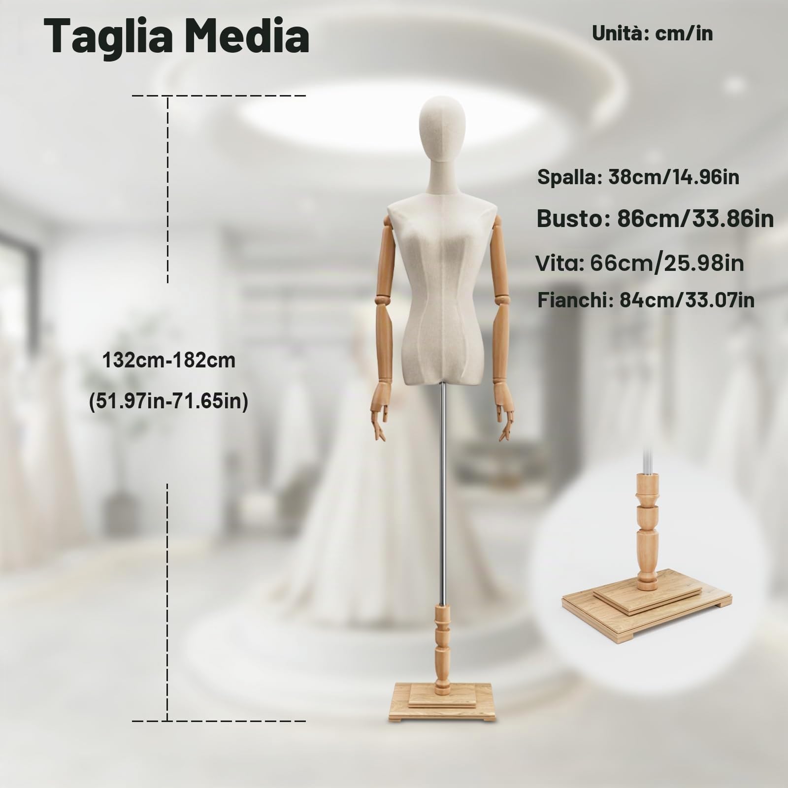 Busto da Donna Manichino, Manichino da Sartoria con Braccio per Sarti dalla Forma di Torso Femminile per Sarte, Altezza Regolabile Appendiabiti, Boutique, Negozio di Abbigliamento, Bianca
