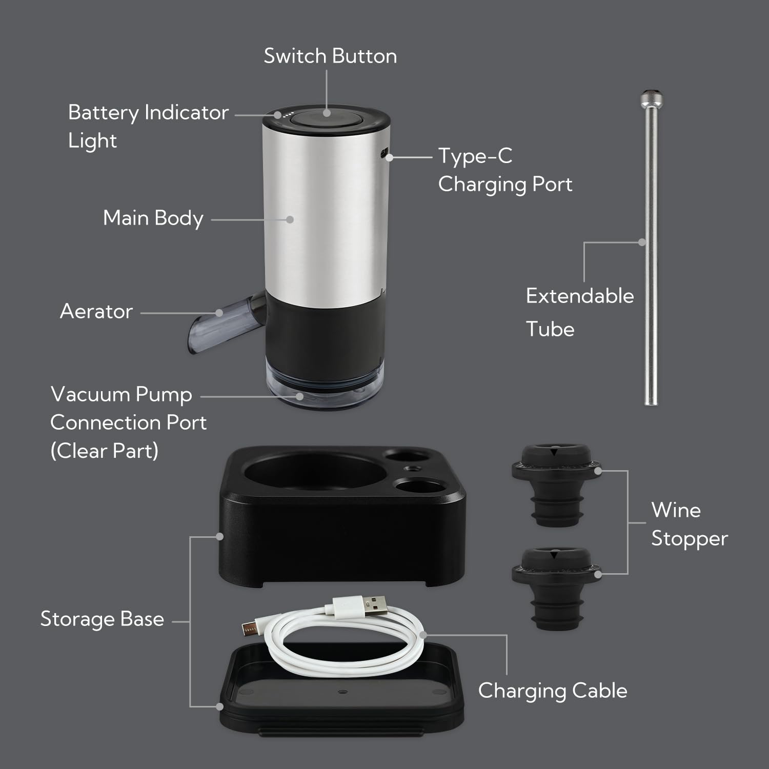 KITCHENDAO Aérateur de vin électrique rechargeable et pompe à vin, bec verseur automatique avec câble USB-C, base de rangement et 2 bouchons, indicateur sonore intégré