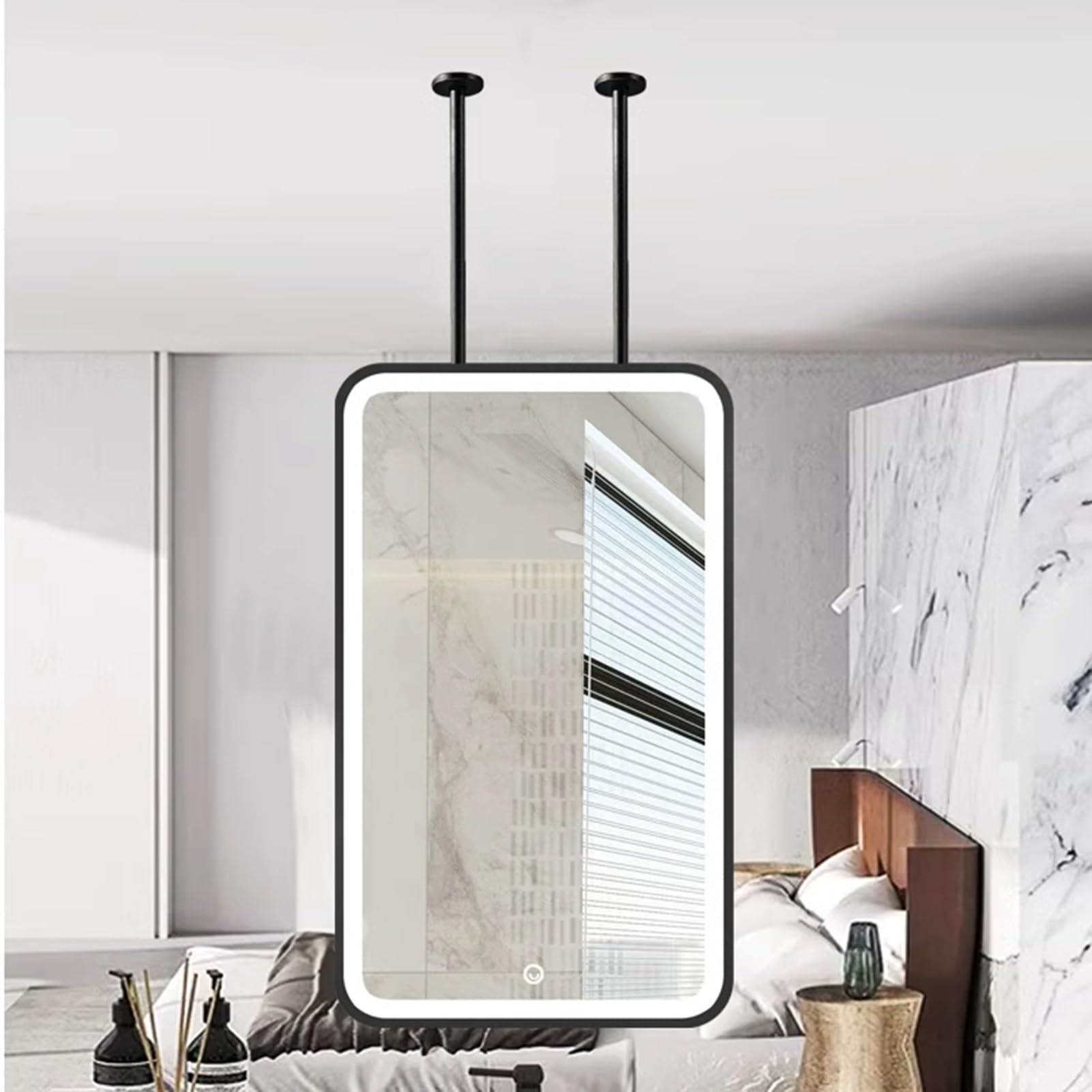 FGXHHS Ceiling Hanging Floating Mirror With LED Lighting Bathroom, Metal Frame, Vanity Shaving Makeup, For Mounted Decorative Above Sink(Black,50x80cm)