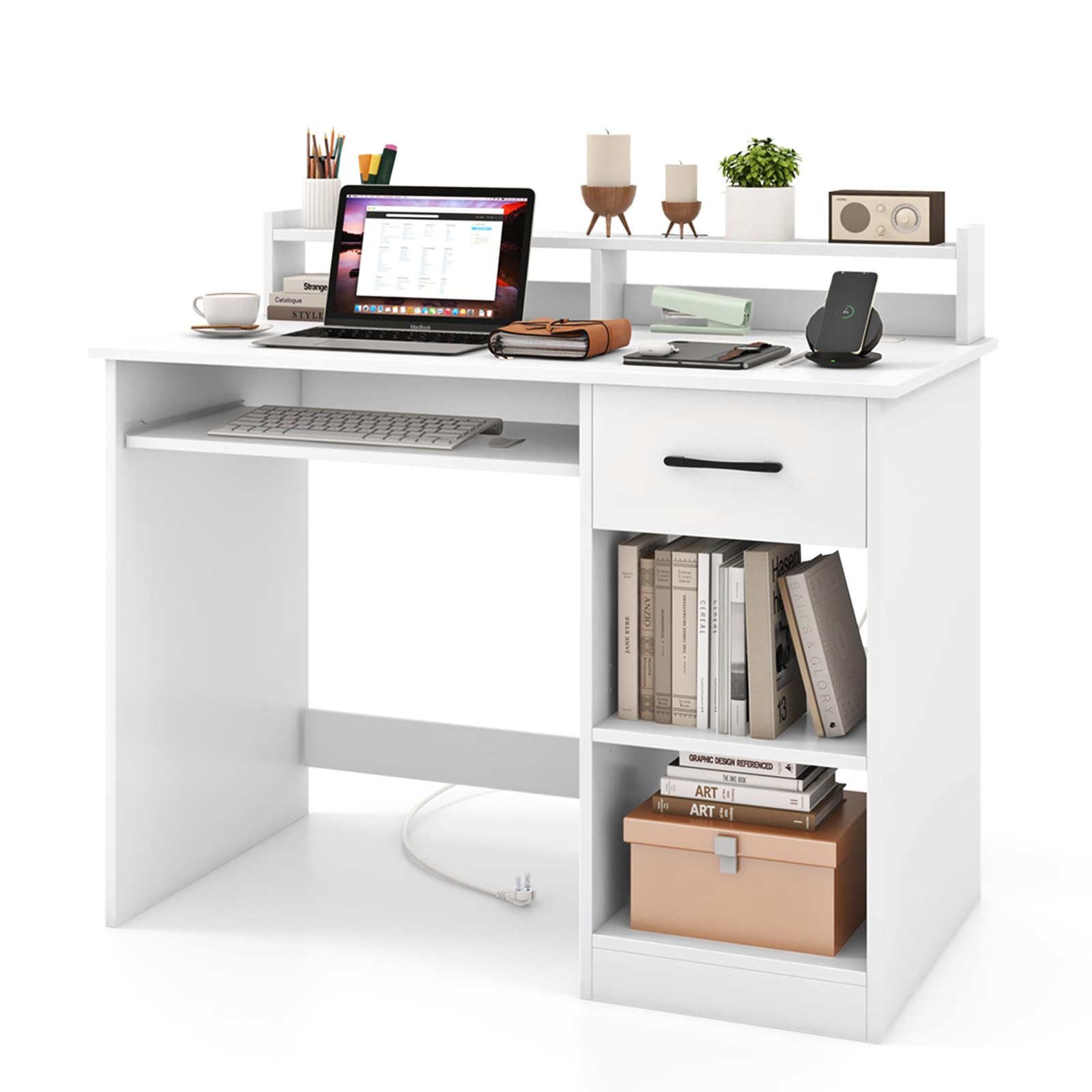LIFEZEAL Computertisch mit Tastaturauszug, Schreibtisch Holz mit Steckdose & Ladestation, Bürotisch mit Ständer, PC Tisch für Arbeitzimmer Büro homeoffice (weiß)