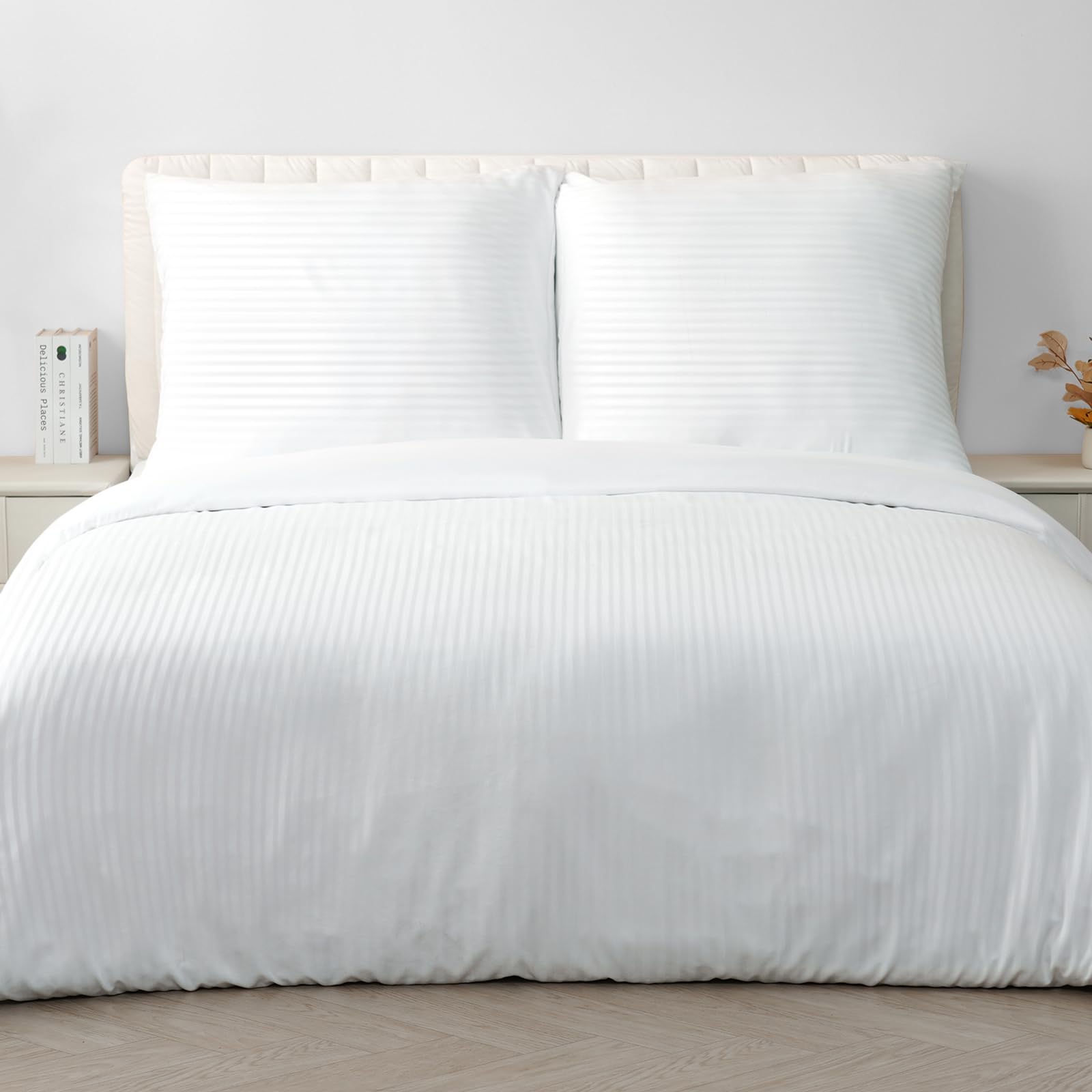 Good Nite Duvet Cover for Bed 240 x 220 cm and Pillowcase 80 x 80 cm Casal Bedding Set with Microfibre Striped Duvet Cover with Zip (White, 240 x 220 cm+80 x 80 cm x 2)