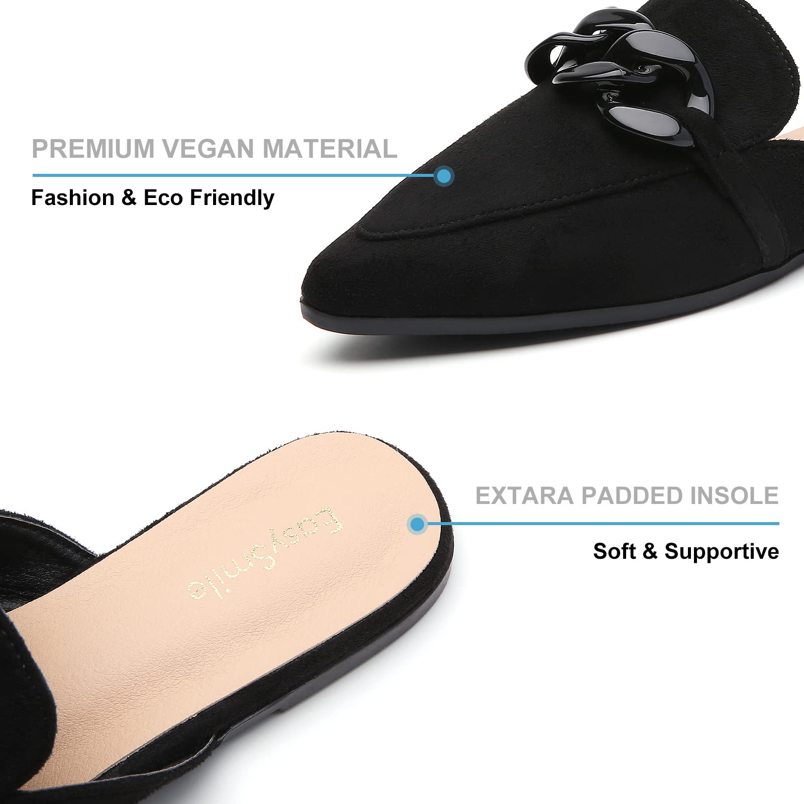 EasySmile Plastic Chain Decor Flat Mules for Women Closed Pointed Toe Slip on Loafers Slides Backless Mules Shoes Size 9