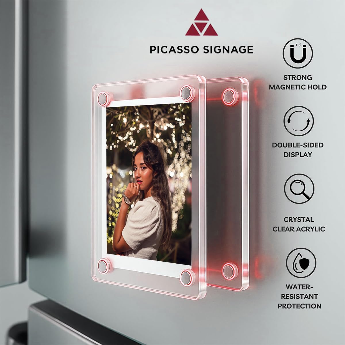 PICASSO SIGNAGE Magnetic Acrylic Photo Frames (Set of 4 Prints) | Double-Sided Fridge Magnet Display for Polaroid & Instax Mini | Acrylic Picture Holder for Refrigerator, Locker, Office & Home Décor 1