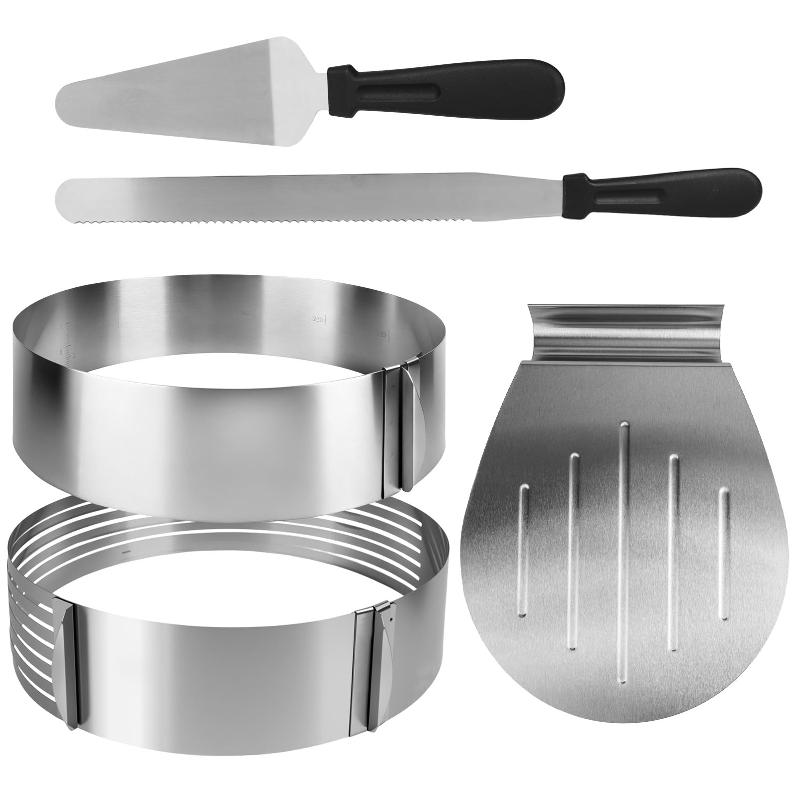 BestYiJo Juego de anillos para tartas ajustables de acero inoxidable (5 piezas), cortador de tartas y base para tartas (16 – 30 cm), incluye soporte para tartas, cuchillo y pala para tartas