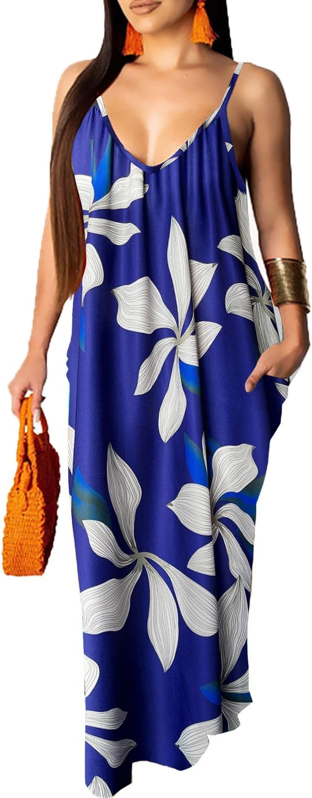 Women's Casual Summer Maxi Dresses Sleeveless Adjustable Spaghetti Strap Loose Plus Size Dresses