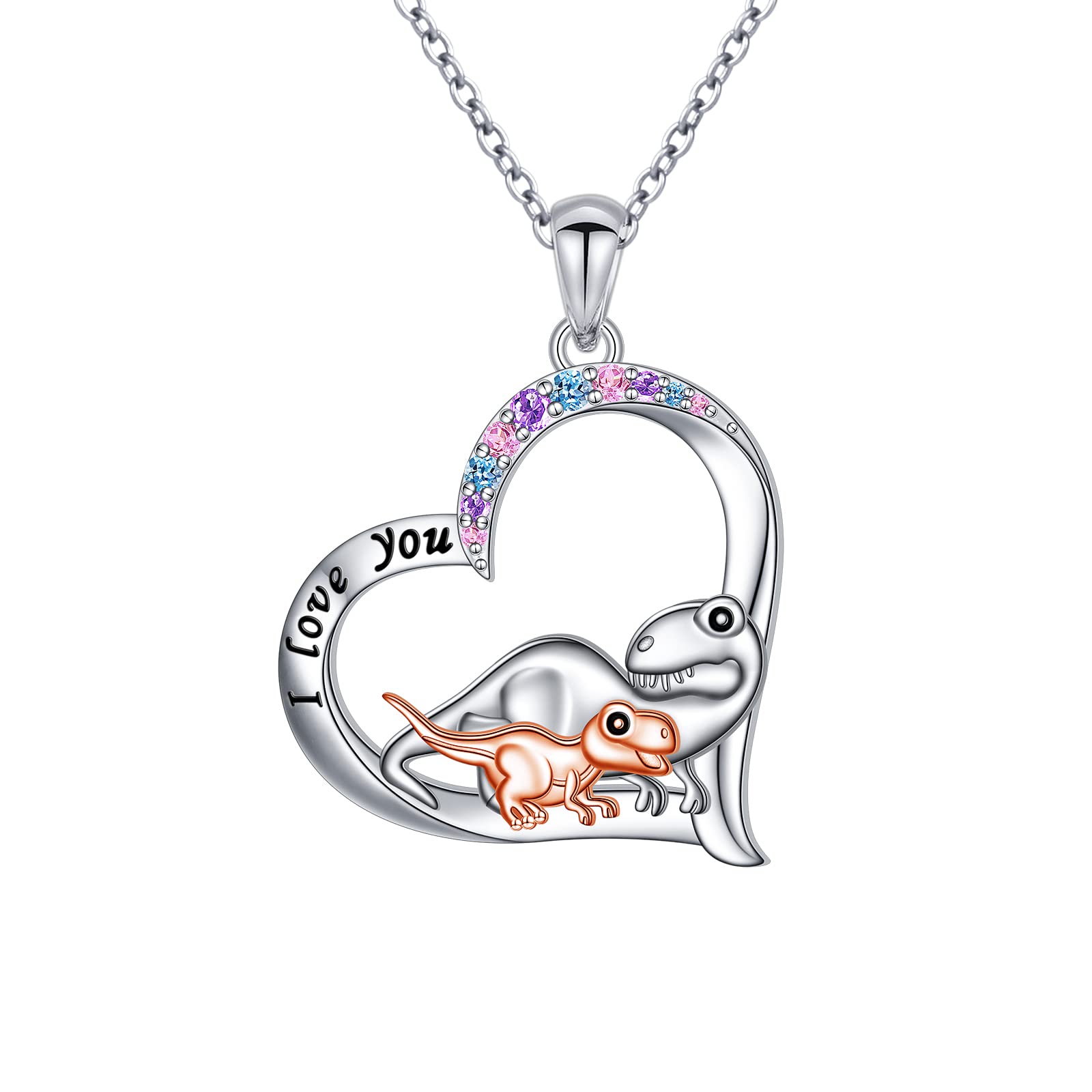 Yearace Dinosaur Necklace 925 Sterling Silver Love Heart Pendant Necklaces Cute Animal Jewelry Gifts for Mother and Child,Happy Mothers' Day