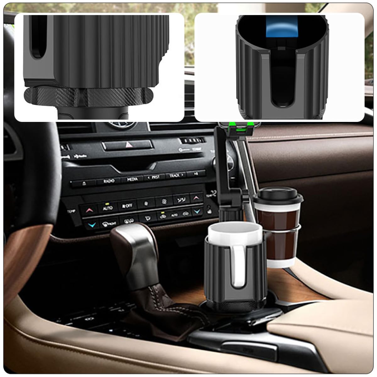 Toddmomy Soporte y Portavasos para Coche de Abs Resistente, Base Ajustable Giratoria 360°, Portavasos Profundo para Bebidas, Soporte para Teléfono Compatible con Conductores y Viajeros