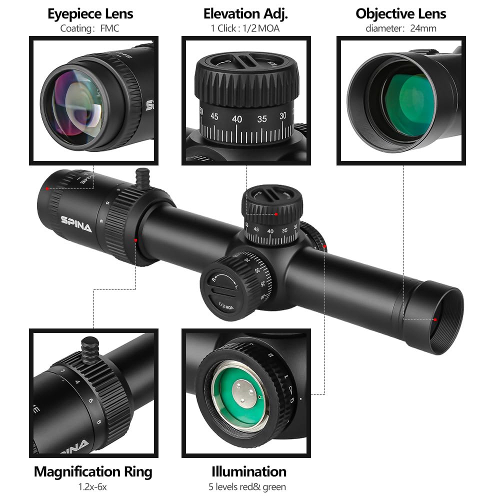 SPINA OPTICS Lunette de visée 1.2-6x24 SFP Lunette de tir Lunette Second Plan Focal, 30mm Tube mil Dot Reticle 1/2 MOA Tourelle Reset Lock riflescope avec Monture d'anneau 20mm