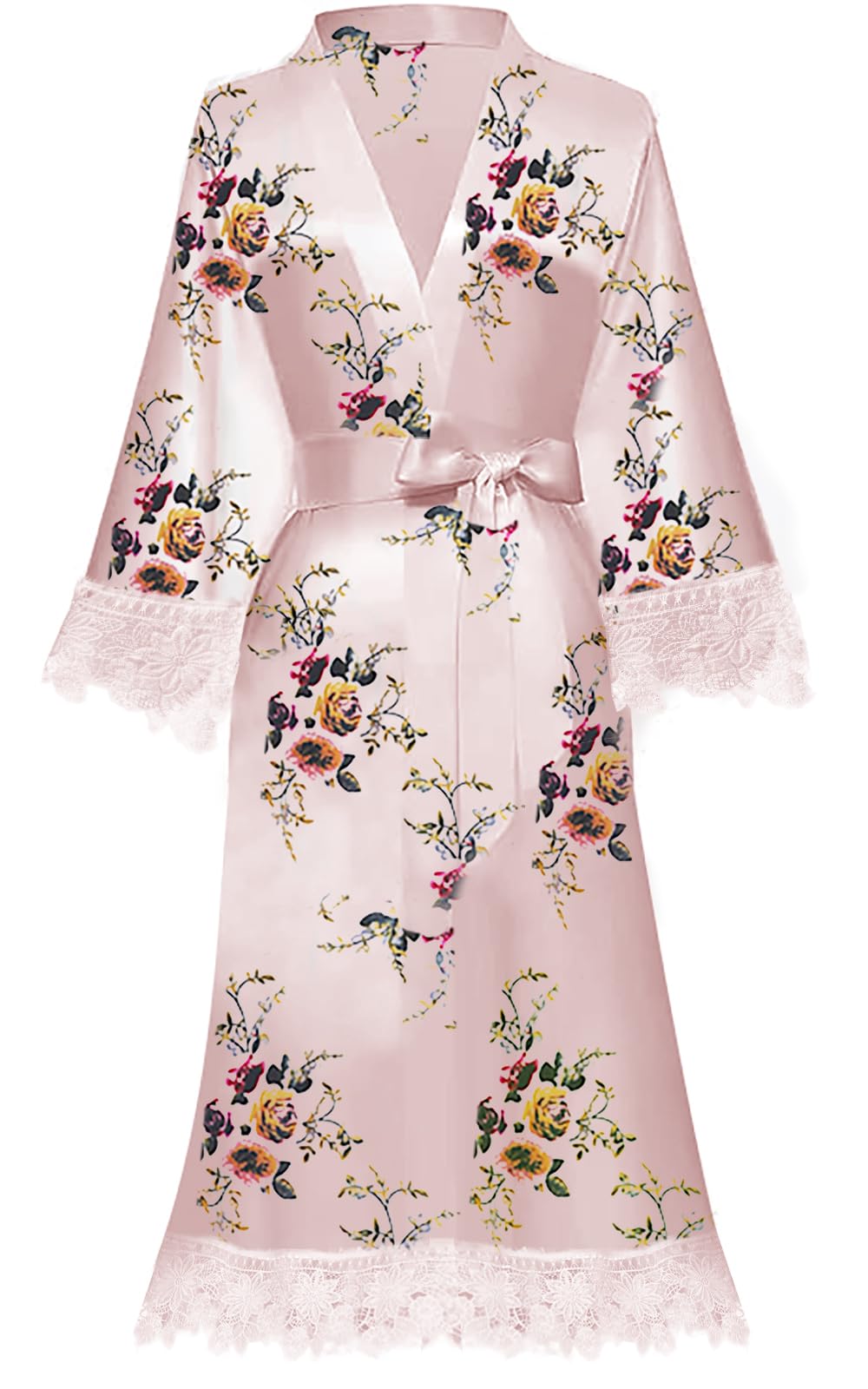 Y Wjing Yi Jia Women's Pale Pink-B Floral Kimono Robe - Silk Satin Bathrobe Nightdress Short Style Morning Gown With Lace Trim - Blossoms Bridal Dressing Gown