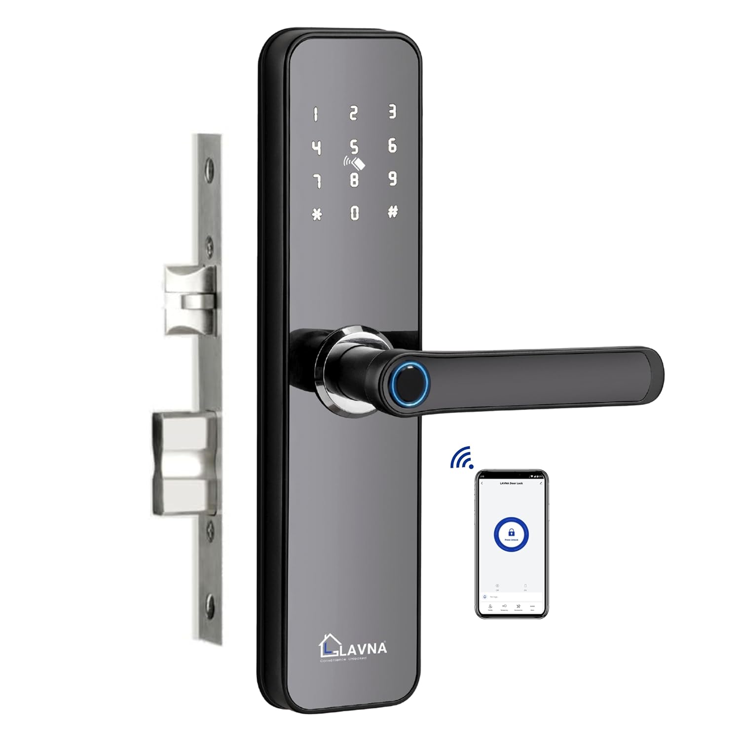 LAVNA Smart Wi-Fi Door Lock | 7 Way Unlock | Fingerprint, Mobile App, WiFi + Bluetooth, OTP, PIN, RFID Card and Manual Key Access for Wooden Doors | Free Installation (LA28, WF + BT)
