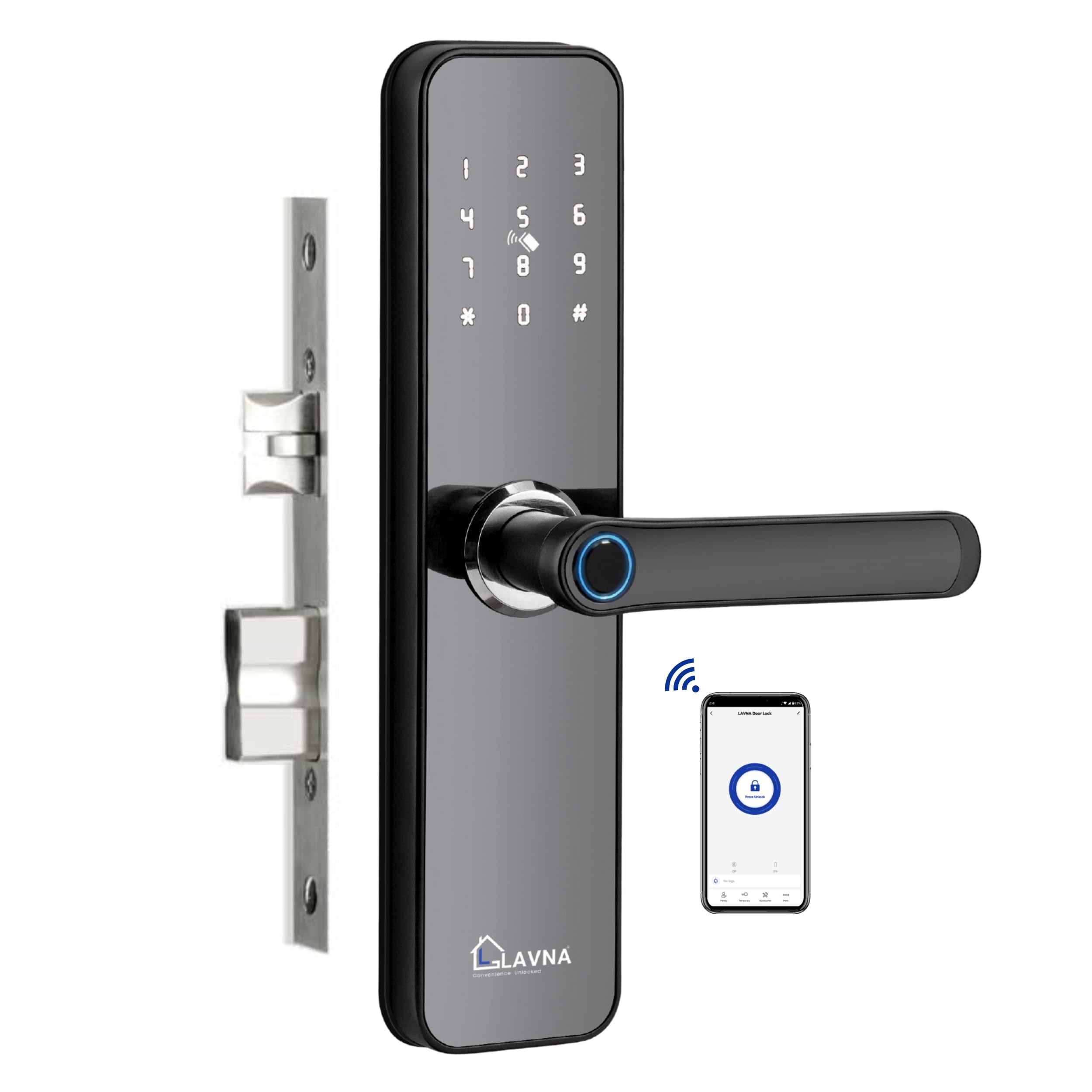 LAVNA Smart Wi-Fi Door Lock | 7 Way Unlock | Fingerprint, Mobile App, WiFi + Bluetooth, OTP, PIN, RFID Card and Manual Key Access for Wooden Doors | Free Installation (LA28, WF + BT)
