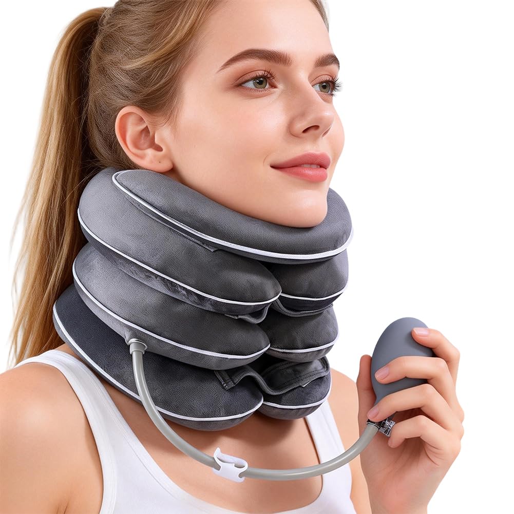 Estensore Collo Gonfiabile per Trazione Cervicale - Collare per Trazione Cervicale Gonfiabile, Design di allungamento a 3 strati, Supporto mento e collo, Sollievo istantaneo dal dolore