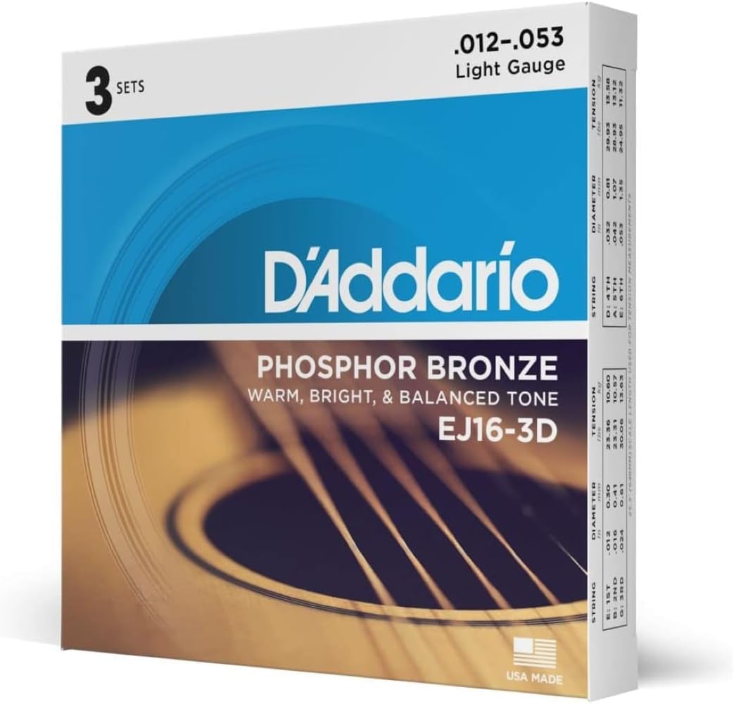 D'AddarioGuitar Strings - Phosphor Bronze Acoustic Guitar Strings - EJ16-3D - Rich, Full Tonal Spectrum - For 6 String Guitars - 12-53 Light, 3-Pack