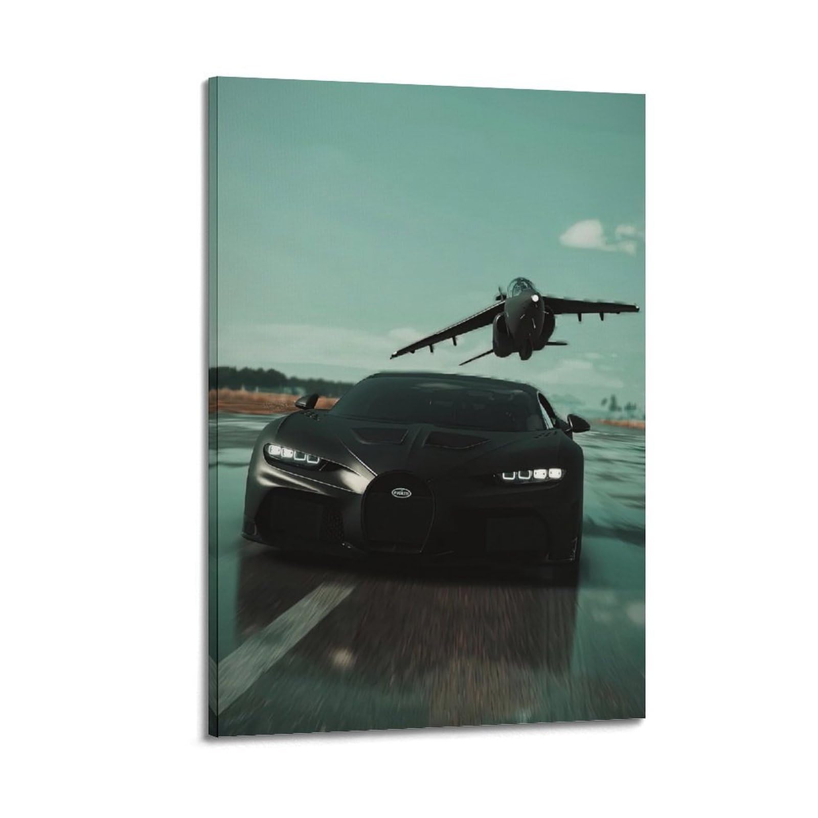 OKAHYS Racing Hypercar Poster Black Chiron & Fighter Plane Decorative Painting Canvas Wall Artworks Picture 08x12inch(20x30cm)