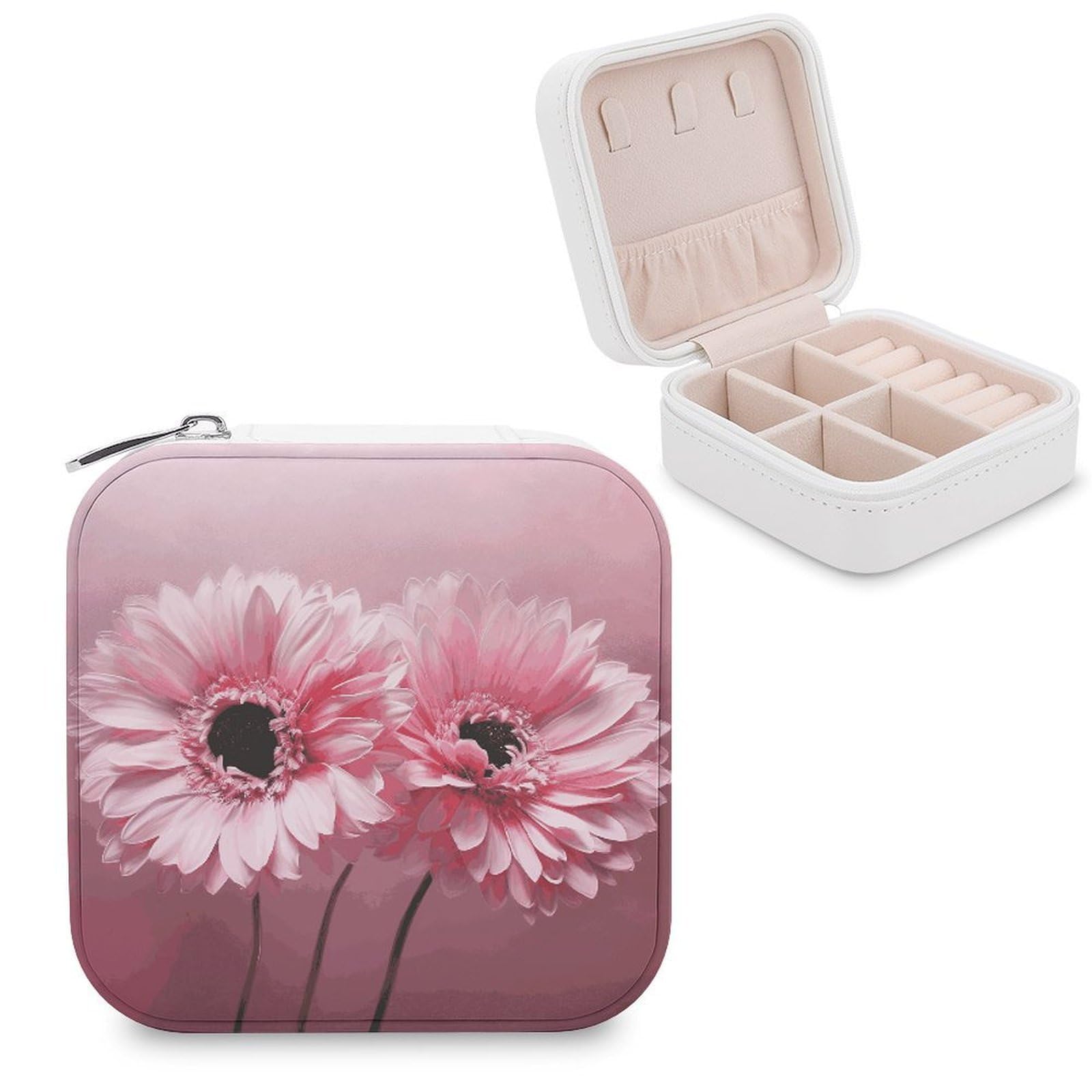 JTREHY Travel Two Pink Floral Jewelry Case Portable Display Storage Box PU Leather Mini Jewelry Travel Case Personalized Travel Jewelry Organizer Small Jewelry Box for Women