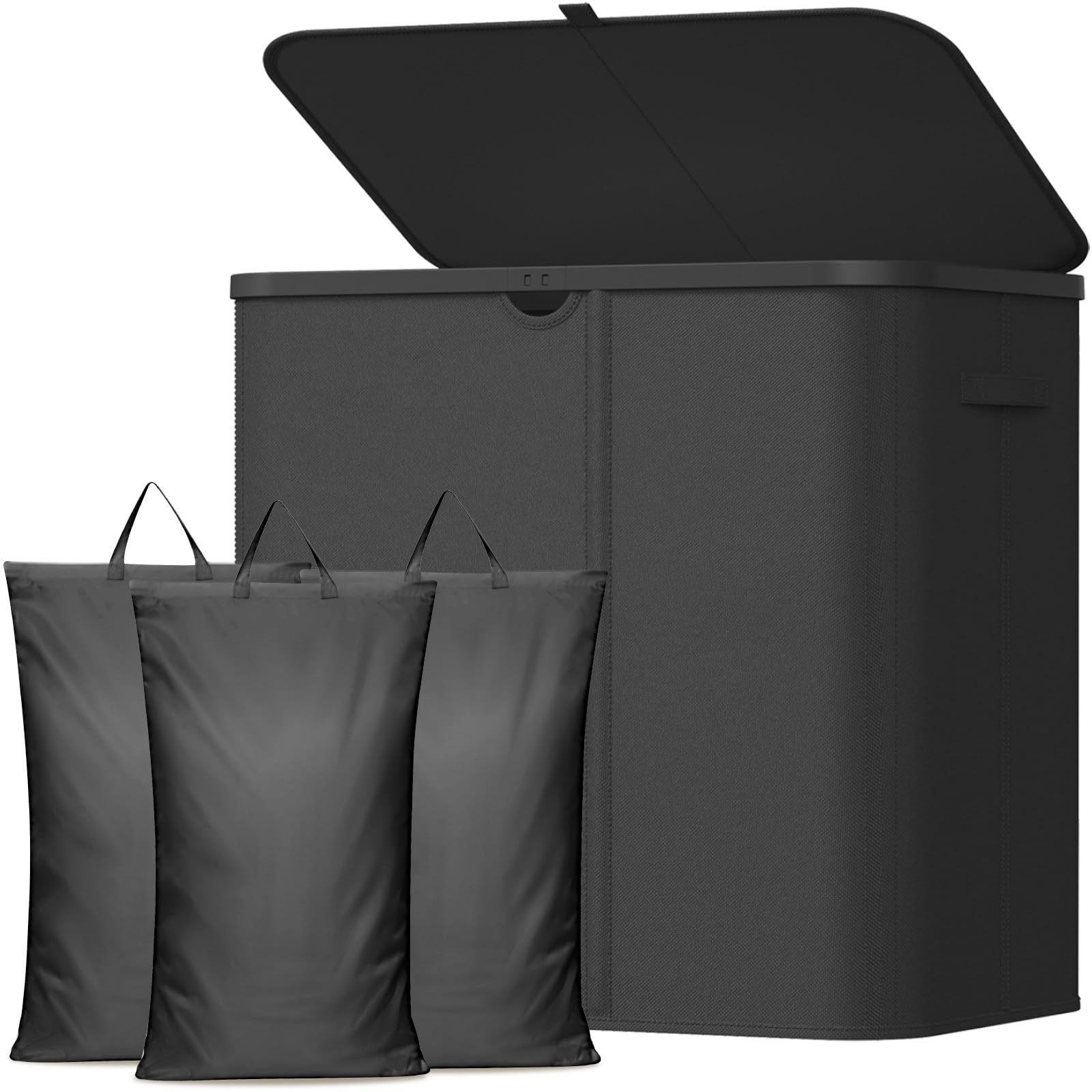 Lifewit Panier à linge Sale avec Couvercle, Grande Corbeille Linge Pliable 3 Compartiments avec Sacs Amovibles, Laundry Basket pour Chambre, Salle de Bain, Dortoir et Buanderie, 150L, Noir