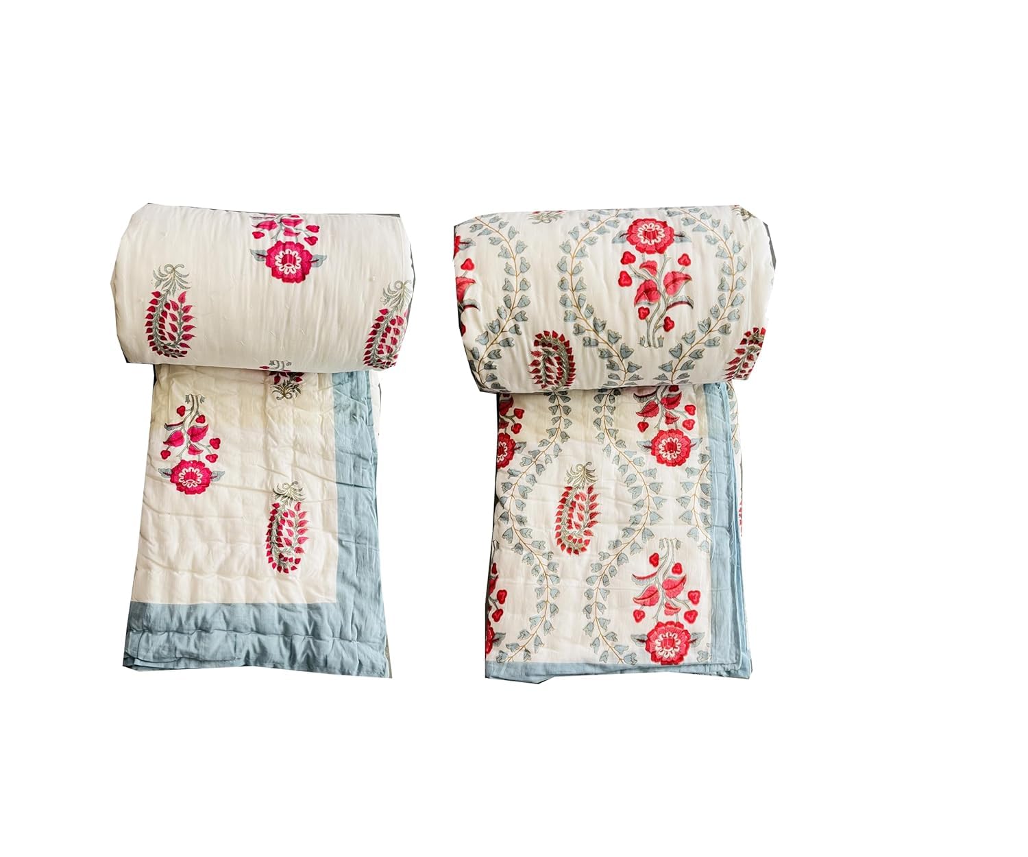 TEXTARA Textiles Pure Cotton Hand Block Flower Printed Lightweight Reversible AC Quilt/Blanket/Razai - Single Bed Set of 2-image-23