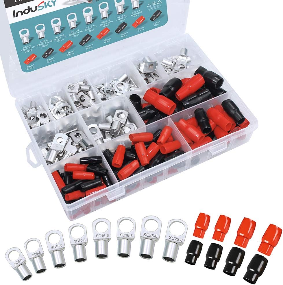 InduSKY 240pcs Marine Grade Heavy Duty Wire Cable Lug Kit, Including 120pcs Tinned Copper Battery Cable Ends Eyelets Tubular SC Ring Terminals + 120pcs Battery Terminal Boots Insulating Covers